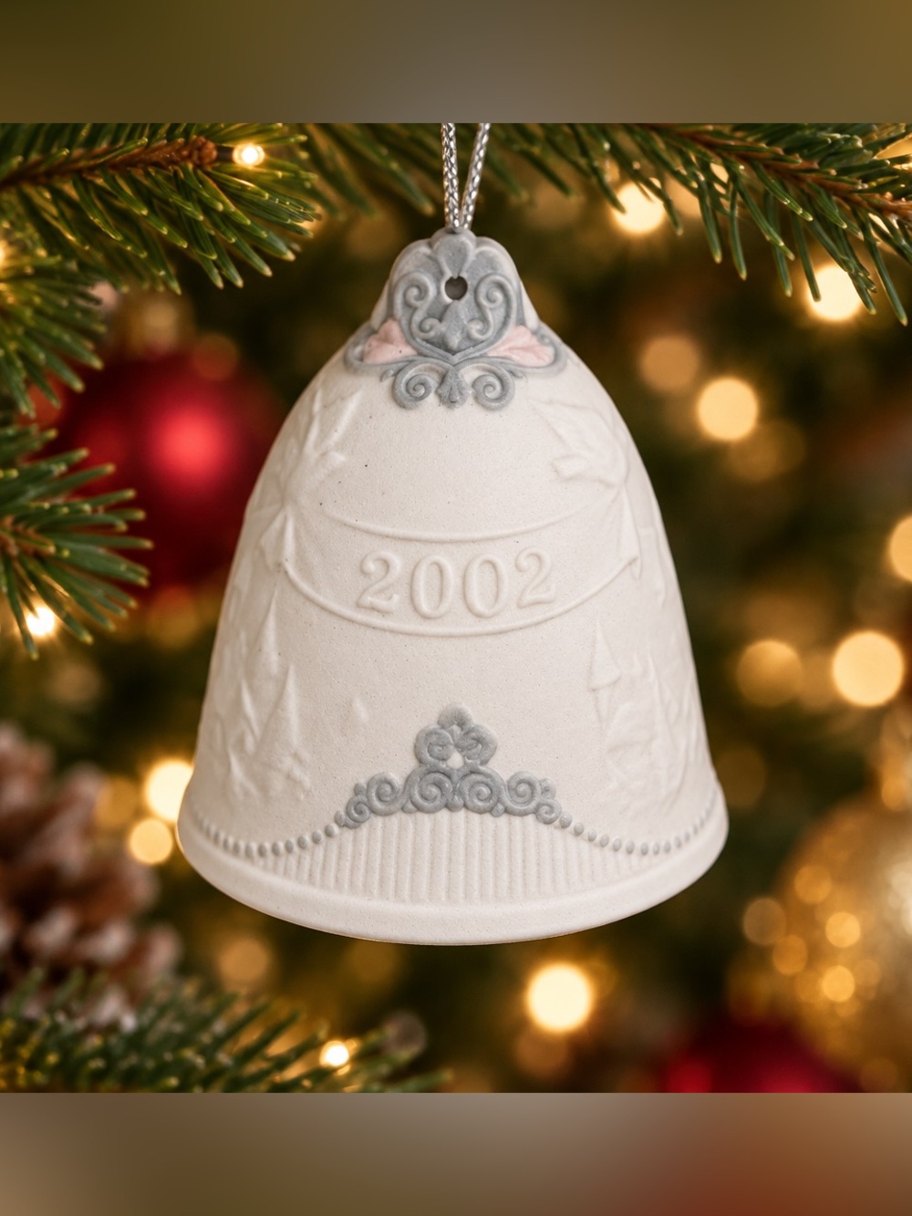 Lladró Porcelain Hanging Bell Ornament White/Pink Angel Relief Christmas 2002